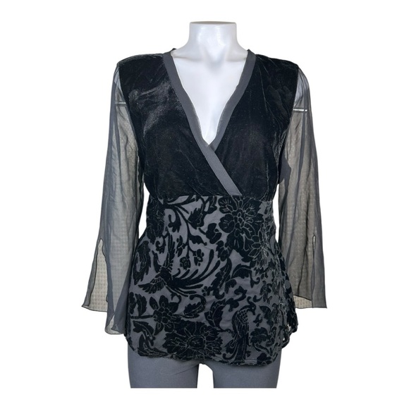 NWT Worthington Black Floral Women's blouse 3/4 sheer sleeve silk/velvet pattern - Picture 1 of 11